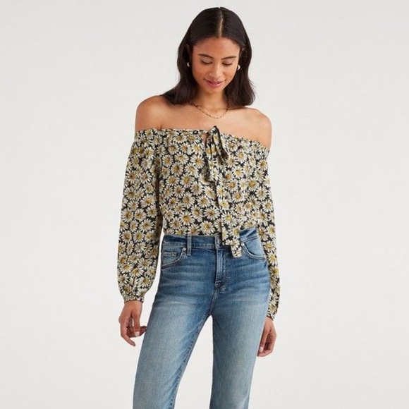 7 for all mankind CROSS STRAP BLOUSE top IN DAISY PRINT sz small off shoulder - Picture 2 of 7